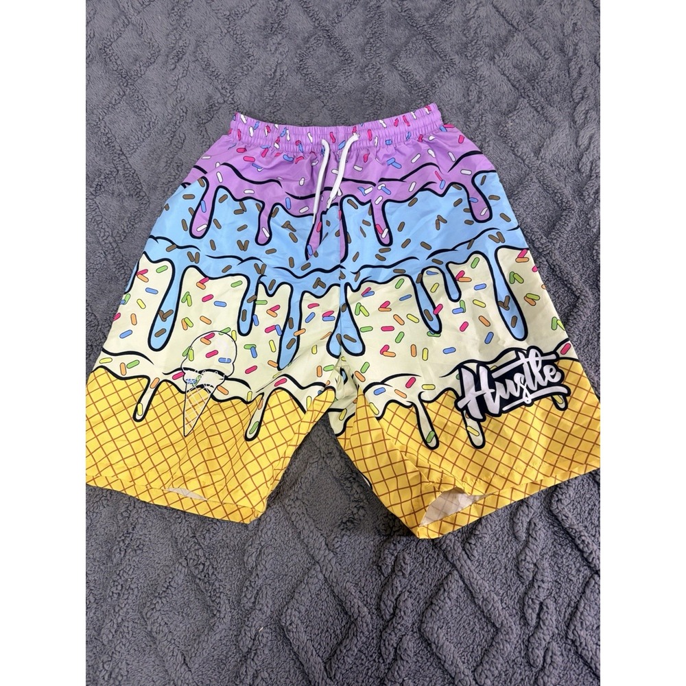Mens Swim Shorts Hustle Ice Cream Sprinkles Drawstring Pink/Blue Size 13Y